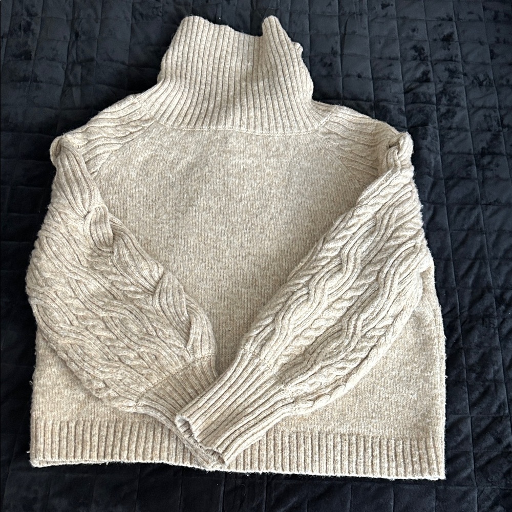 White House Black Market Cream Cable-Sleeve Zip-Collar Sweater - Picture 3 of 4